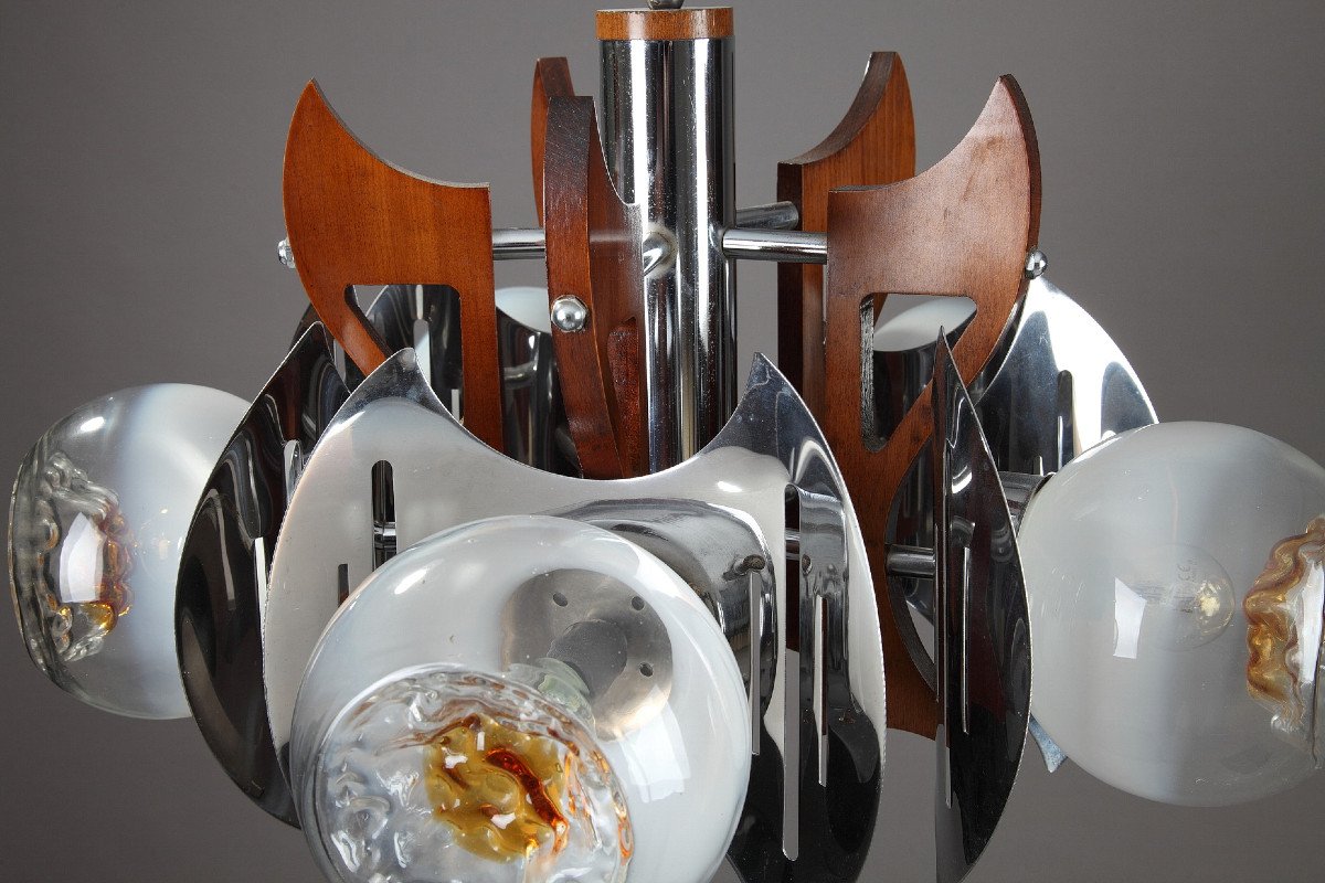Mazzega Chandelier In Murano Glass, Chrome And Wood, 1970-photo-5