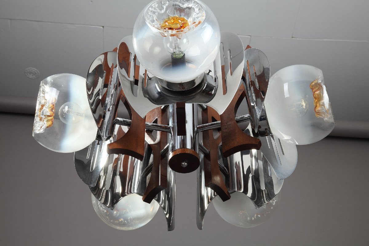 Mazzega Chandelier In Murano Glass, Chrome And Wood, 1970-photo-6