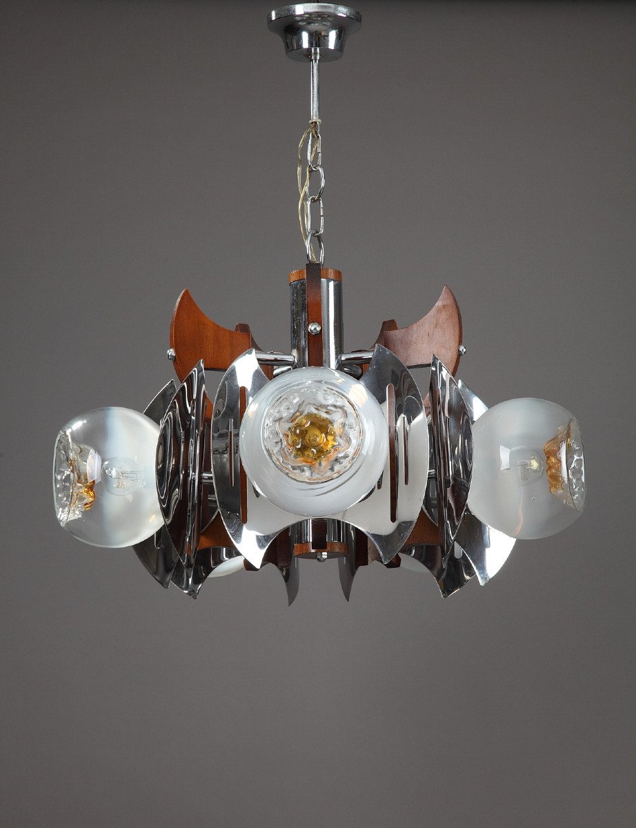 Mazzega Chandelier In Murano Glass, Chrome And Wood, 1970