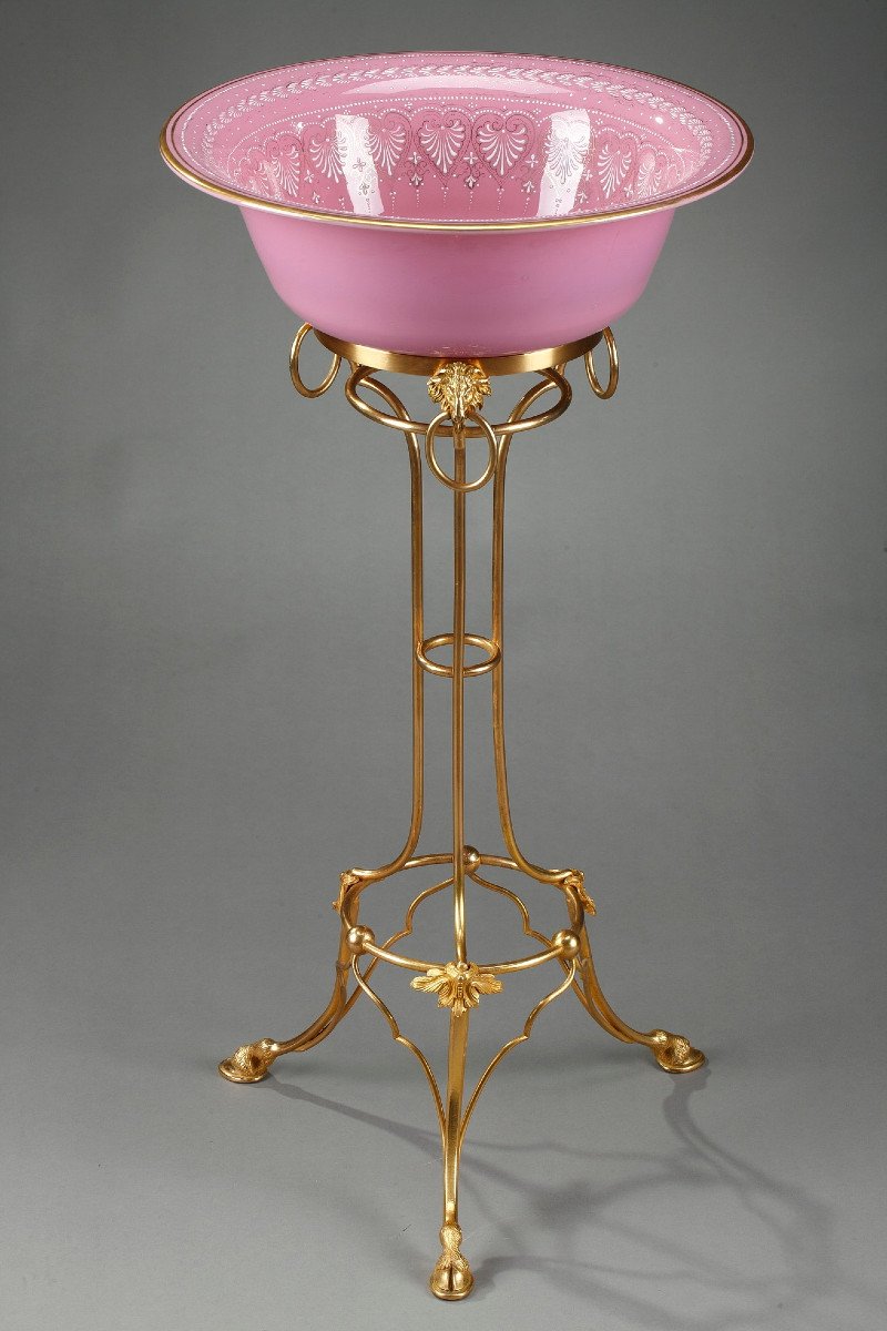 Pitcher And Its Basin In Pink Opaline On A Gilt Bronze Base, 19th Century-photo-4