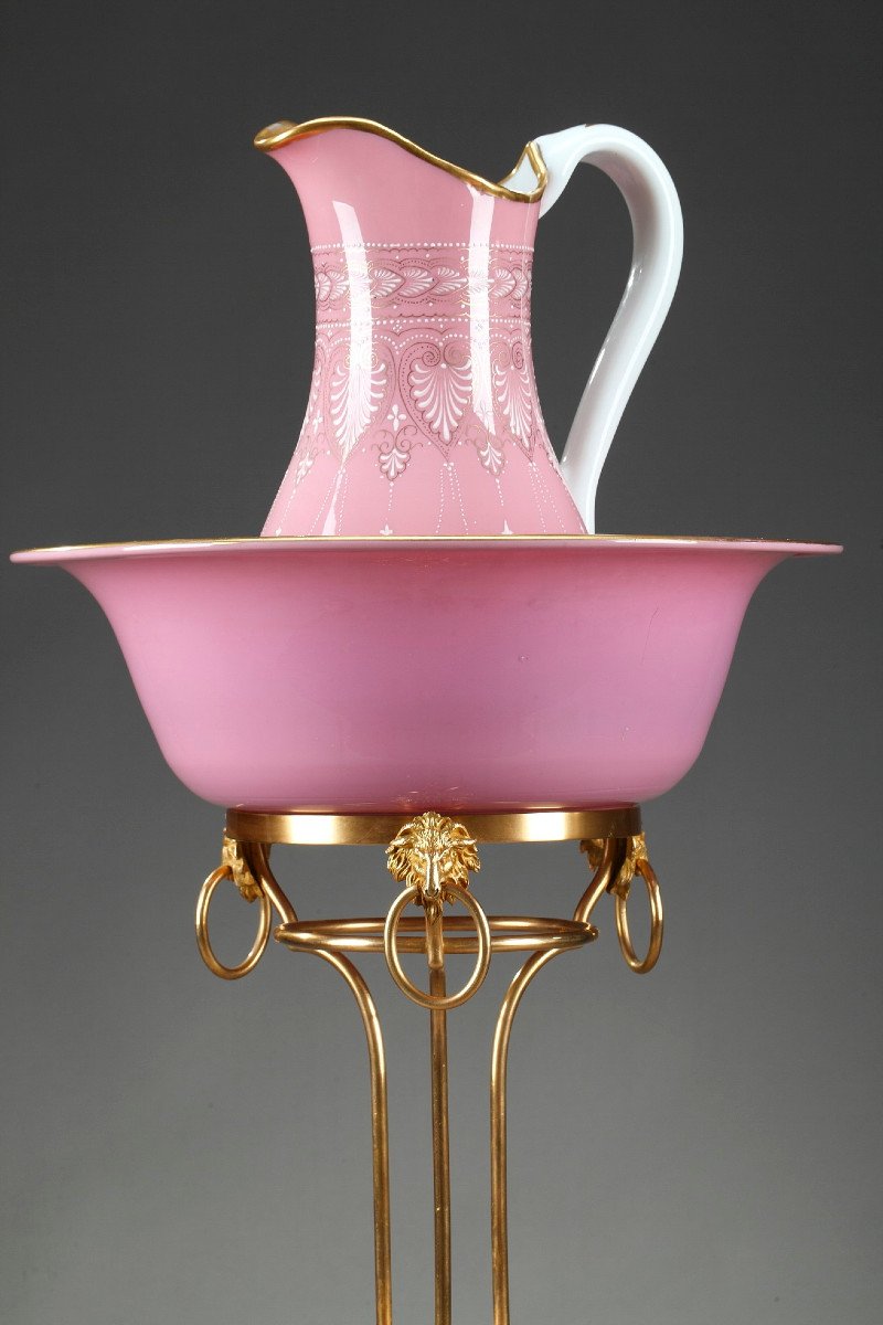 Pitcher And Its Basin In Pink Opaline On A Gilt Bronze Base, 19th Century-photo-8