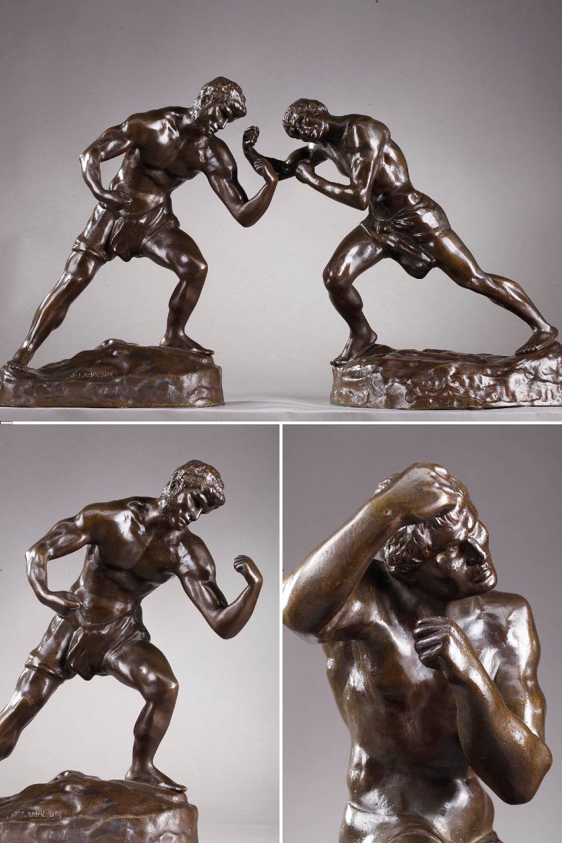 Bronze Statuettes "two Boxers" Signed "jef Lambeaux", Late Nineteenth Century-photo-2
