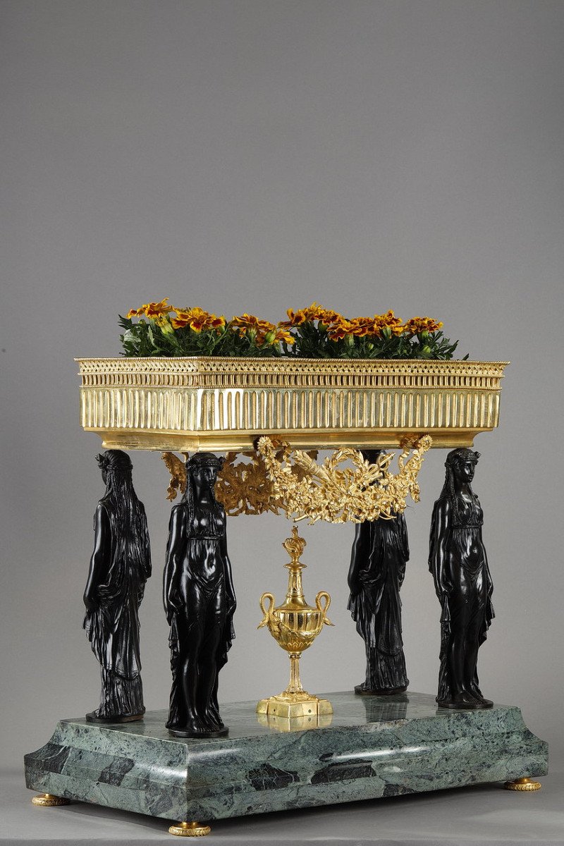 Table Planter With Caryatids In Bronze And Sea Green Marble, Empire Style, 19th Century-photo-2
