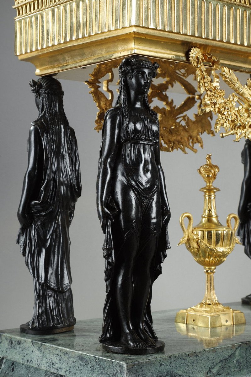 Table Planter With Caryatids In Bronze And Sea Green Marble, Empire Style, 19th Century-photo-3