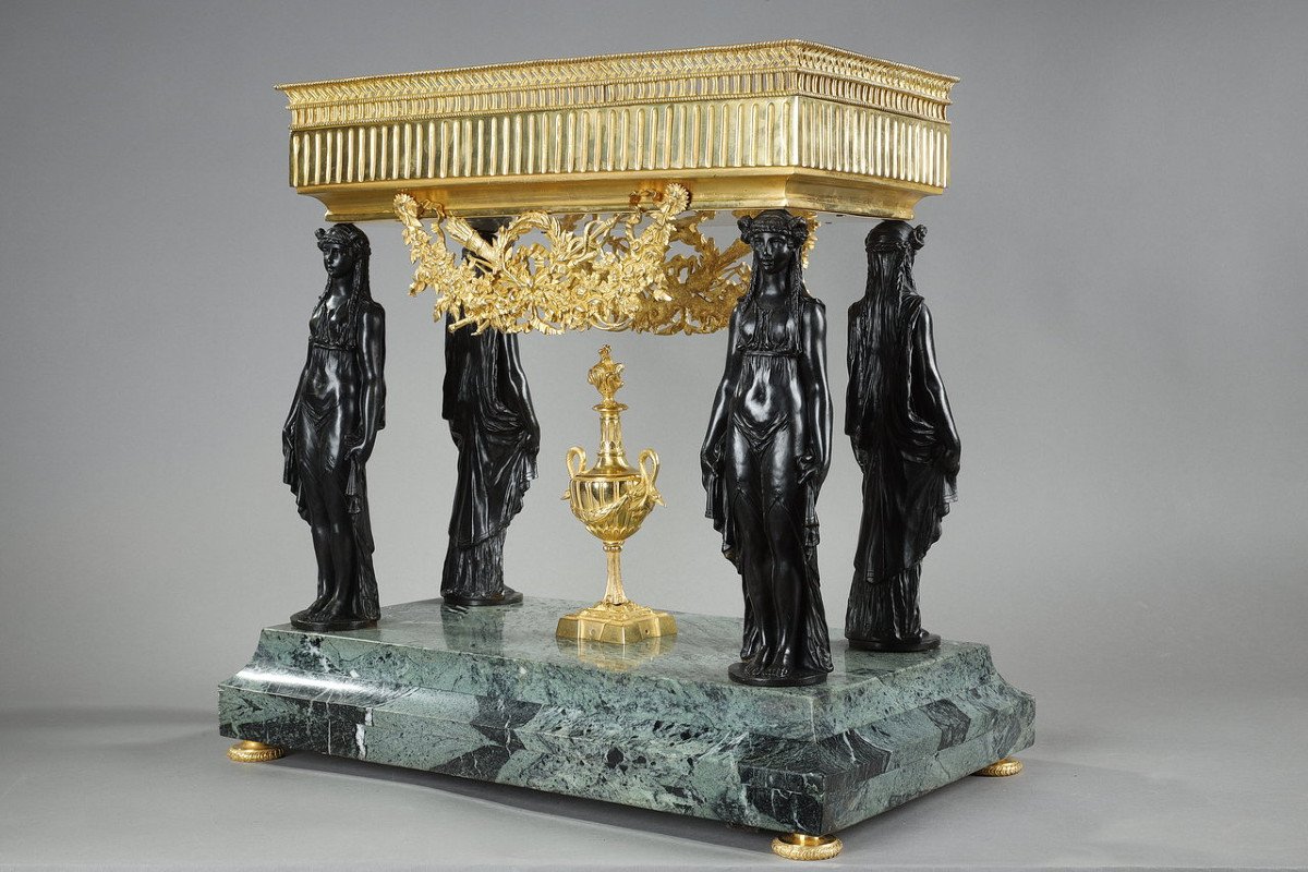 Table Planter With Caryatids In Bronze And Sea Green Marble, Empire Style, 19th Century-photo-3
