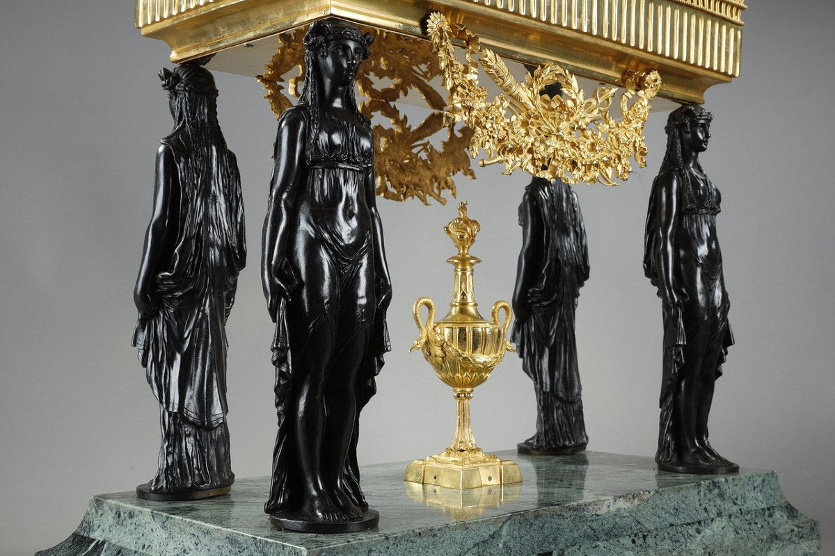 Table Planter With Caryatids In Bronze And Sea Green Marble, Empire Style, 19th Century-photo-4