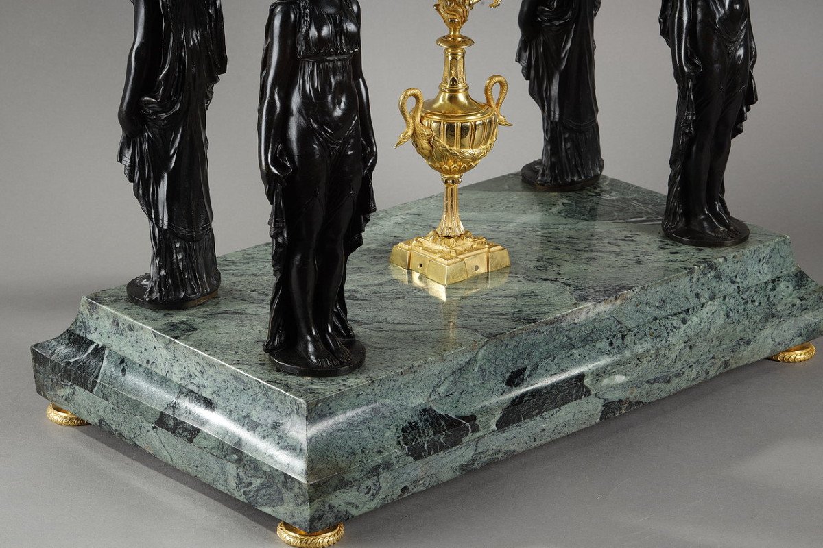 Table Planter With Caryatids In Bronze And Sea Green Marble, Empire Style, 19th Century-photo-5