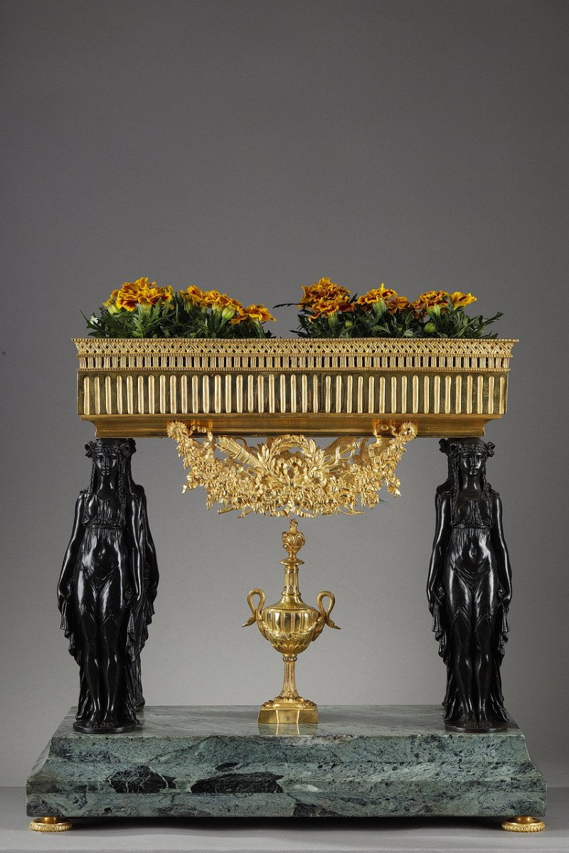 Table Planter With Caryatids In Bronze And Sea Green Marble, Empire Style, 19th Century