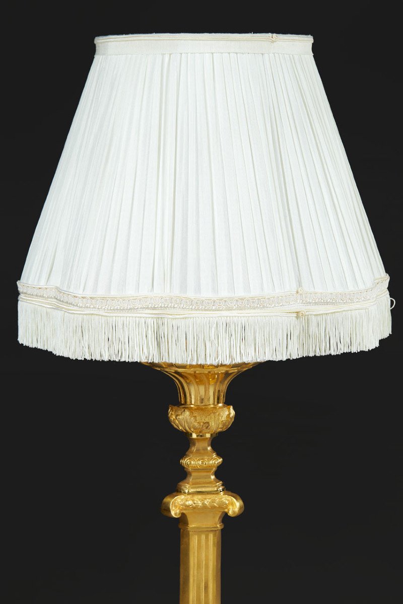 Paire De Pique Cierges Montés En Lampes, En Broinze Doré Et Abat Jour Pagode, XIXe Siècle-photo-4