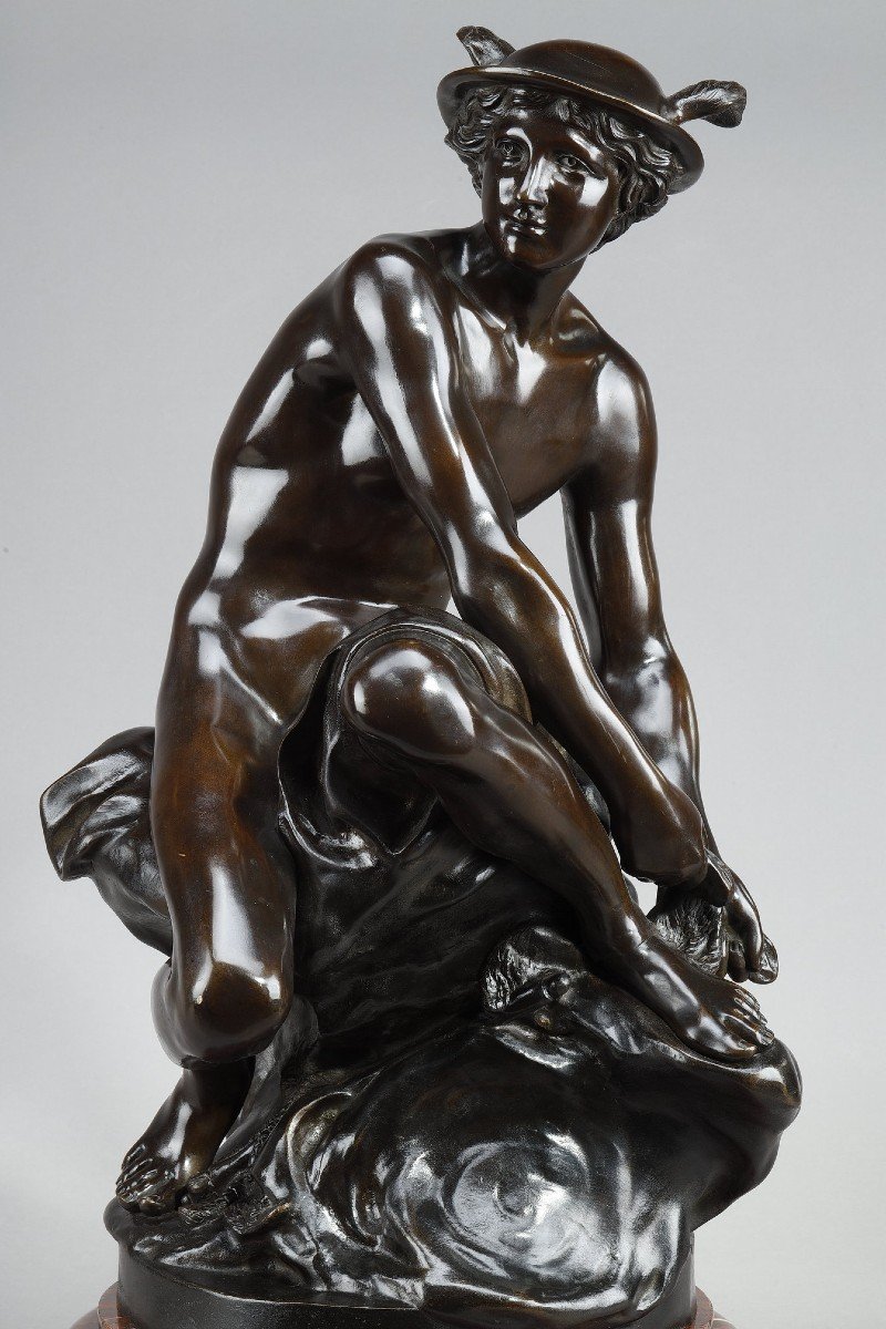Grand Bronze d'Après Pigalle, "mercure Attachant Ses Talonnières", XIXe Siècle-photo-2