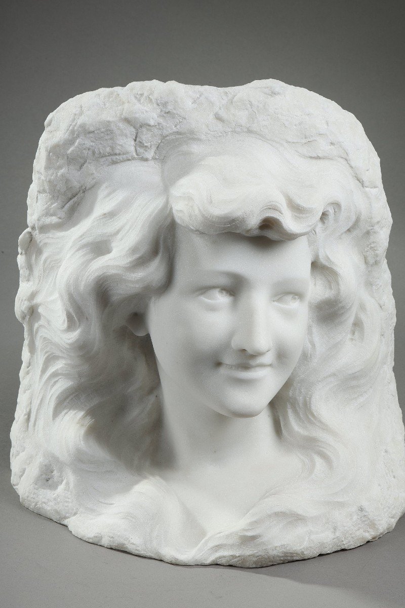 Bust Of Young Woman In Carrara Marble, 19th Century-photo-2