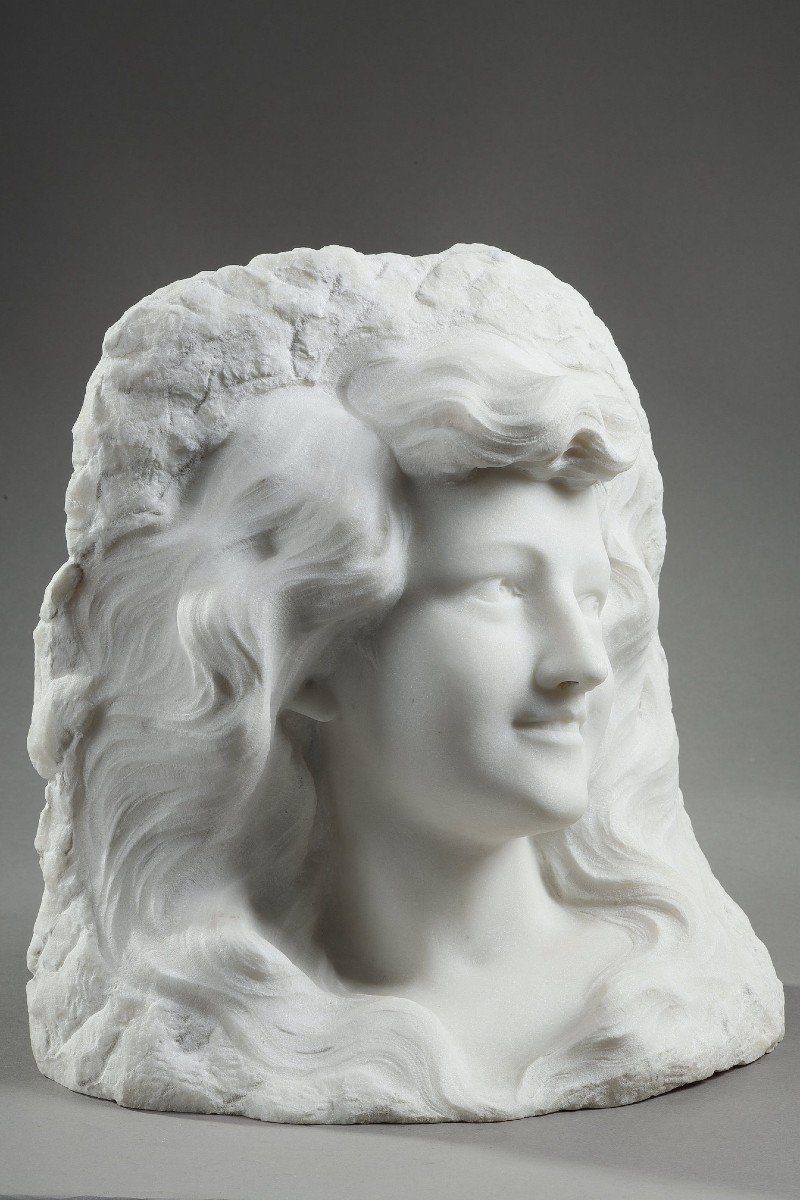 Bust Of Young Woman In Carrara Marble, 19th Century-photo-3