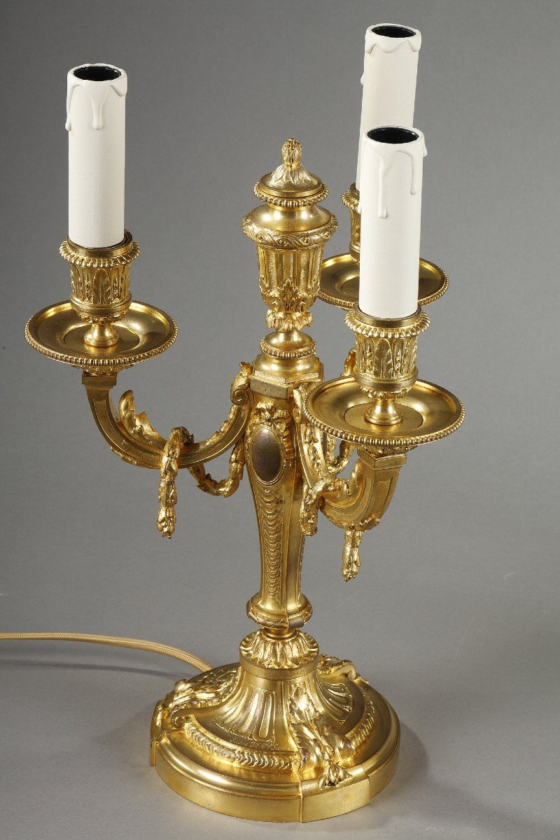 Pair Of Chiseled And Gilded Bronze Candelabra With Three Arms Of Light-photo-2