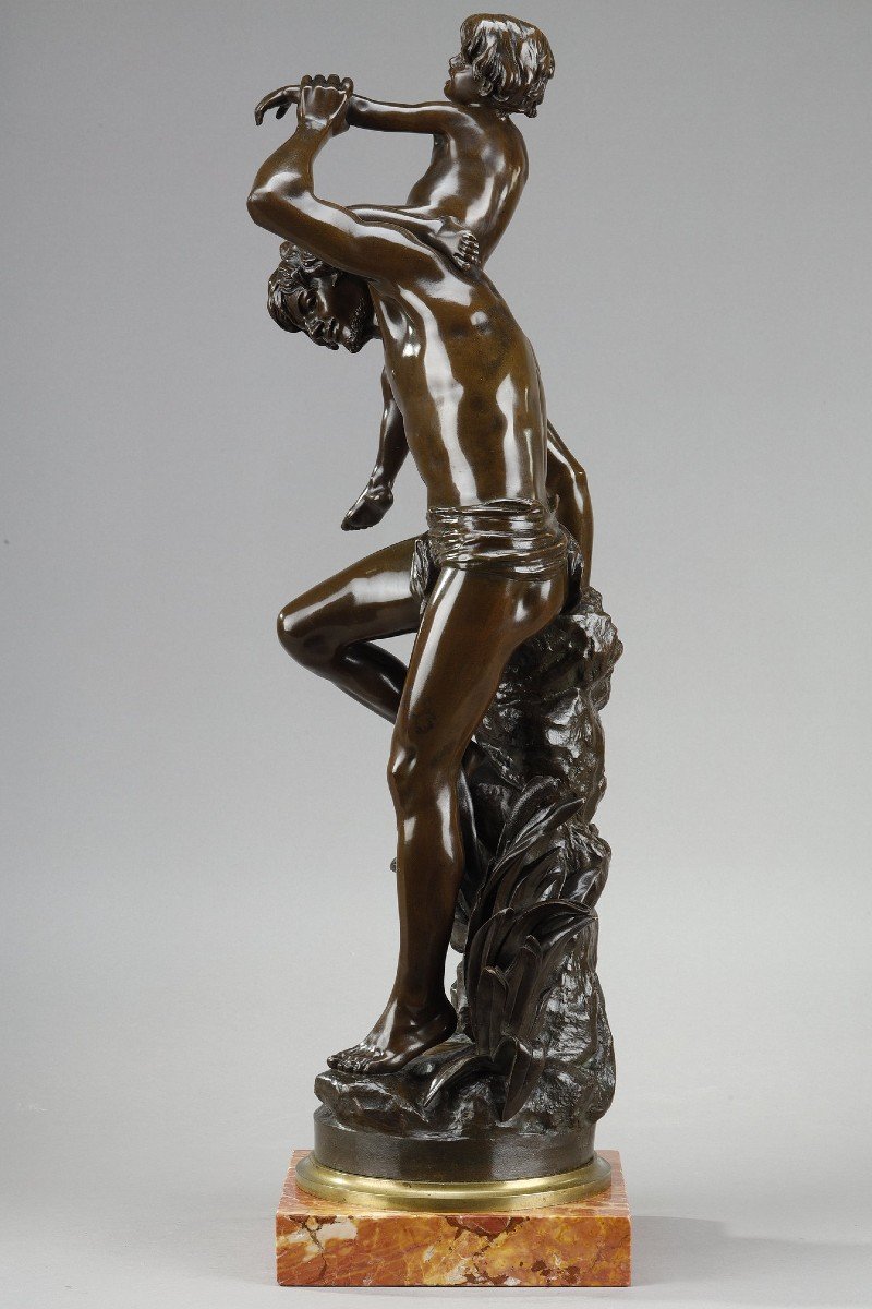 Bronze With Brown Patina Of A Man Carrying A Child On His Back, By Gaston Leroux (1854-1942)-photo-3