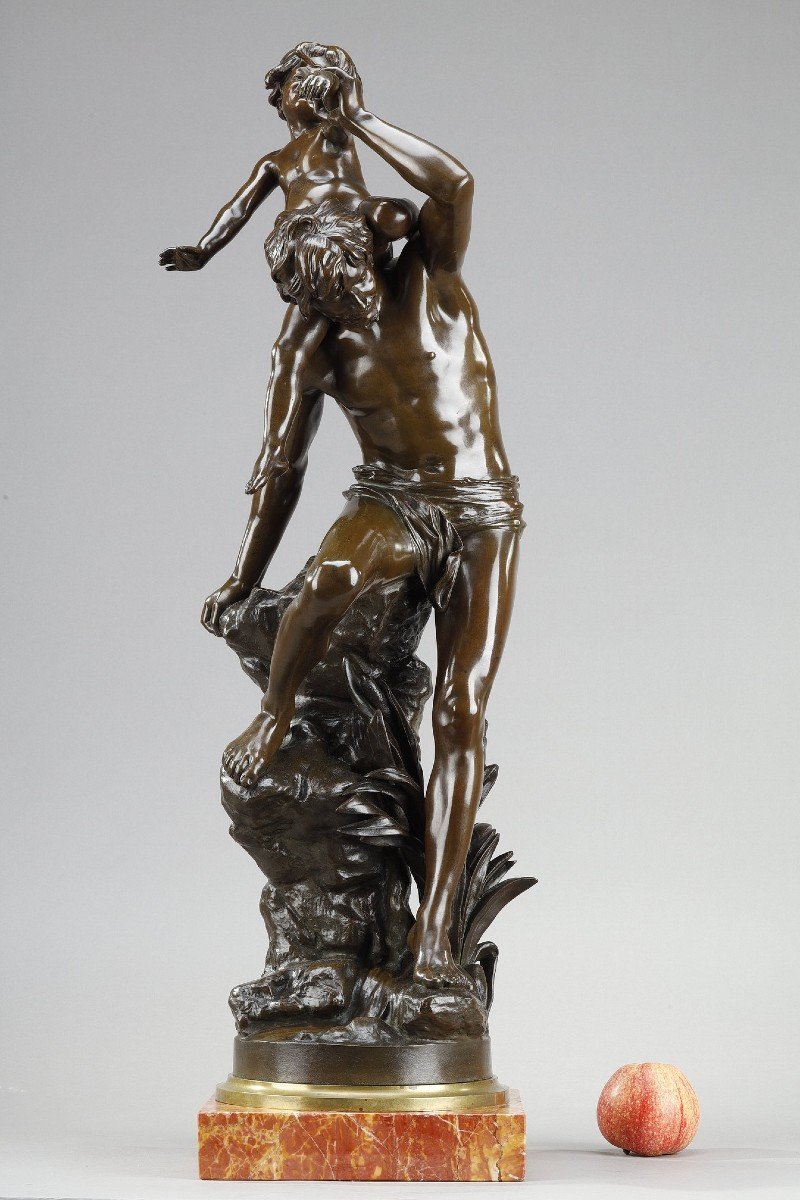 Bronze With Brown Patina Of A Man Carrying A Child On His Back, By Gaston Leroux (1854-1942)