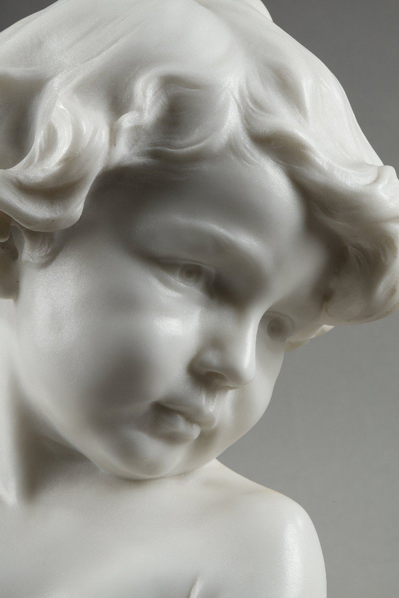 Carrara Marble Sculpture, "pensive Child Bust" By Jean-marie Camus-photo-4