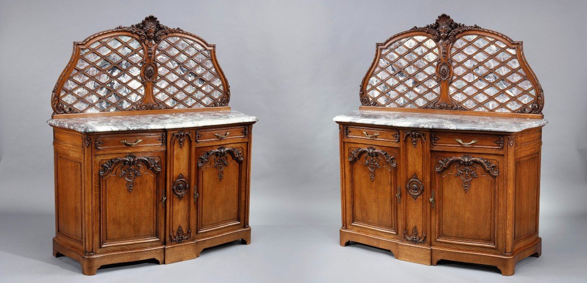 Pair Of Regency Style Molded Oak And Marble Sideboards-photo-1