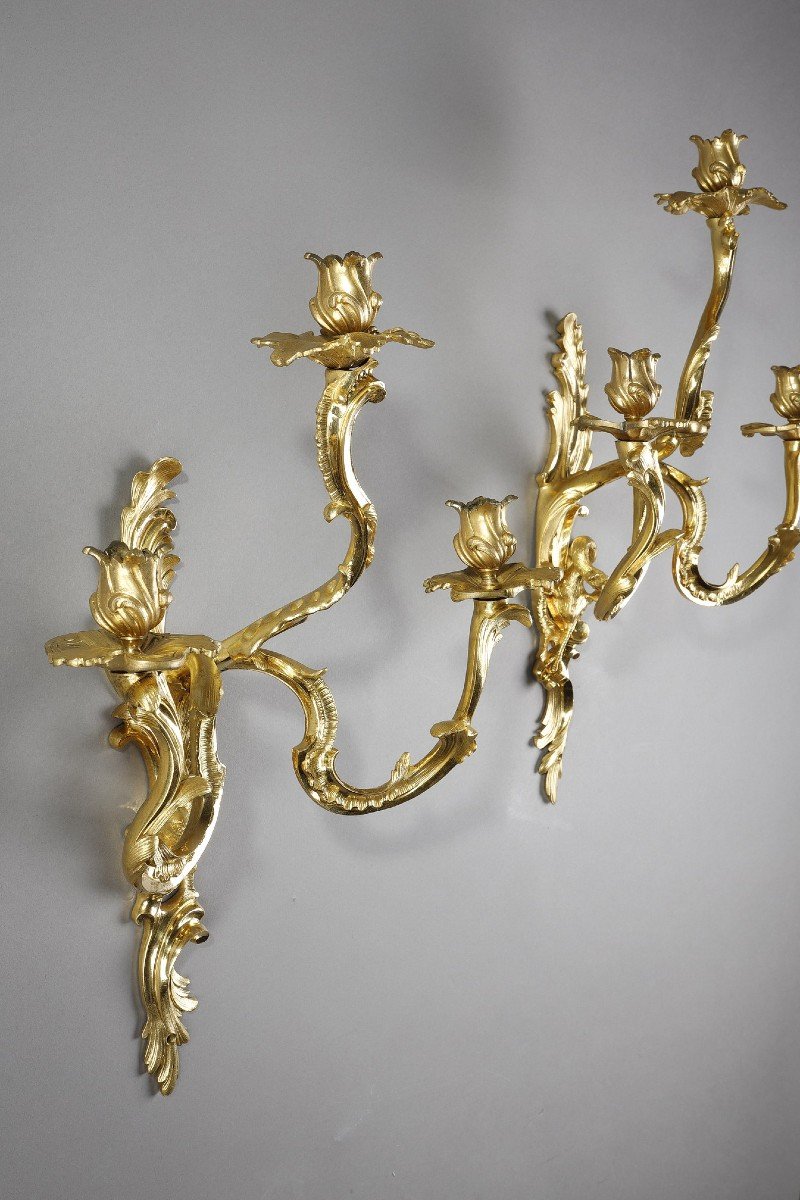 Paire d'Appliques En Bronze Doré à Trois Bras De Lumière De Style Louis XV-photo-3