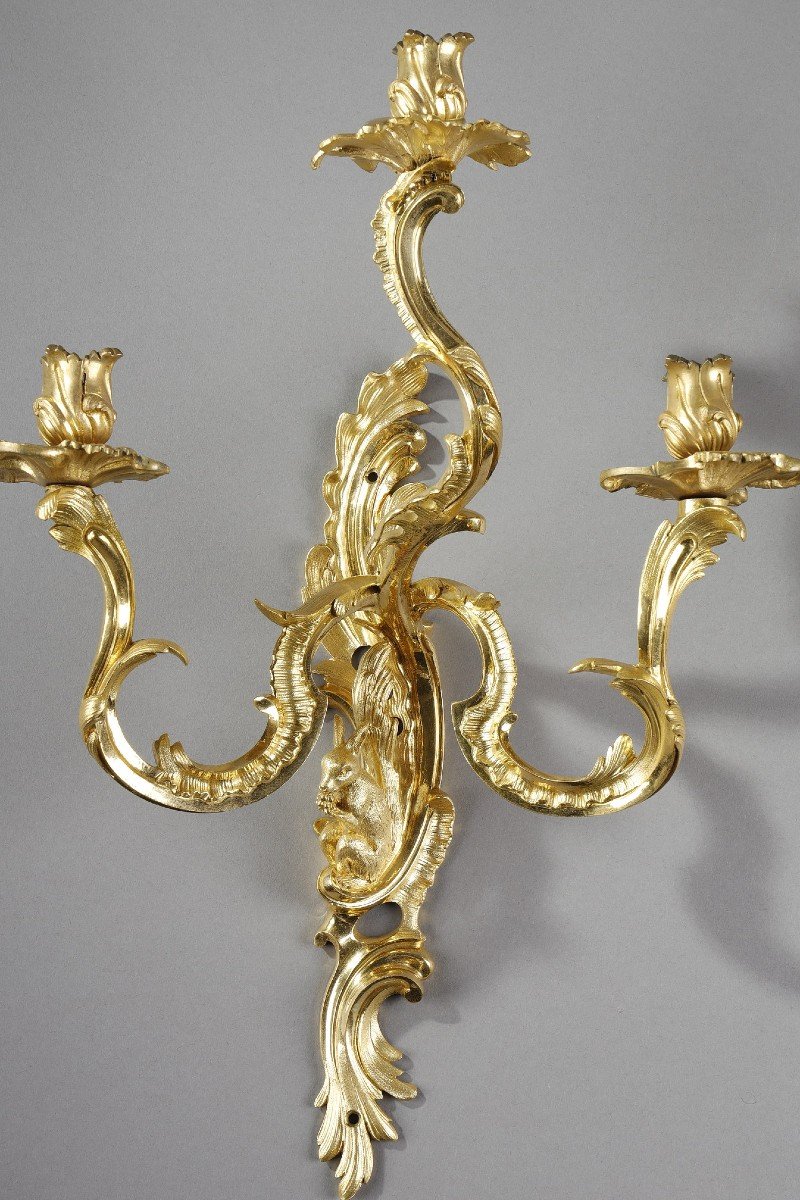 Pair Of Gilt Bronze Sconces With Three Arms Of Light, Louis XV Style-photo-2