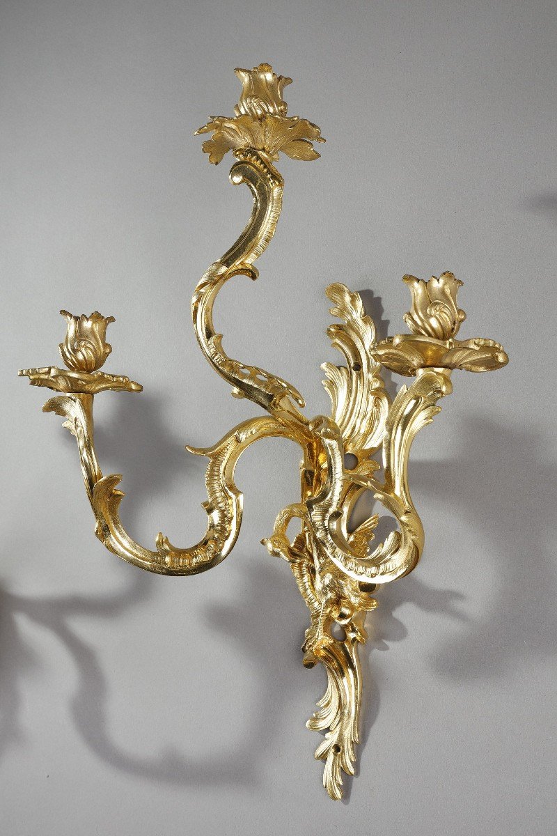 Pair Of Gilt Bronze Sconces With Three Arms Of Light, Louis XV Style-photo-4