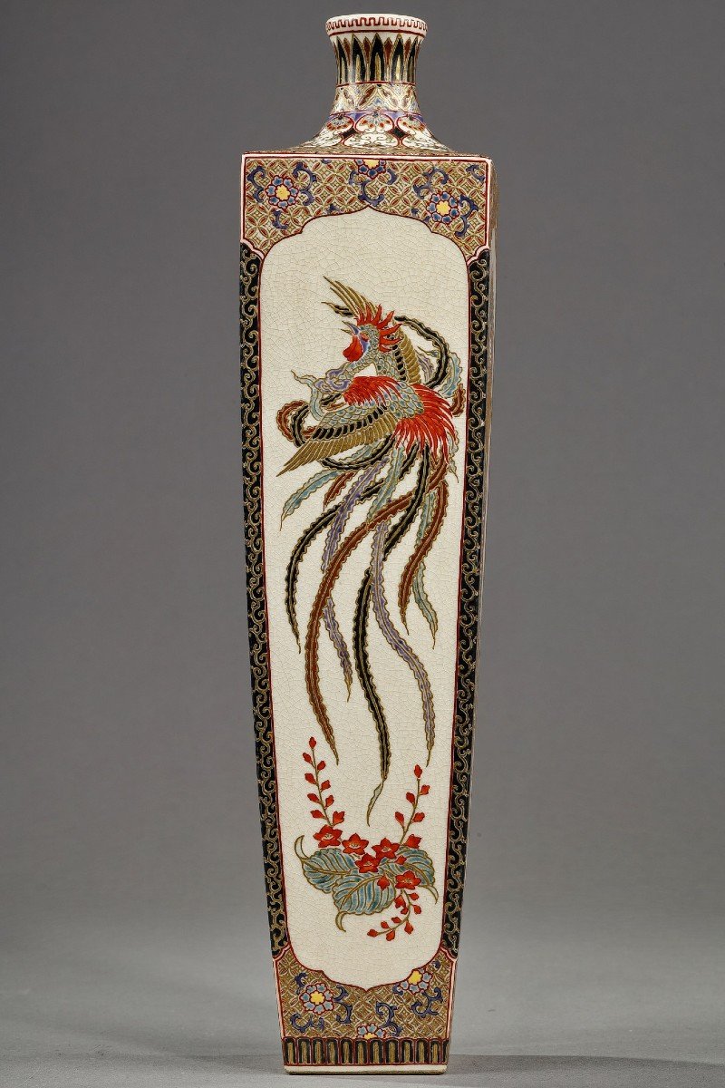 Rare Vase Soliflore De Satsuma Aux Dragons Et Phoenix De La Période Meiji (1868-1912)-photo-2