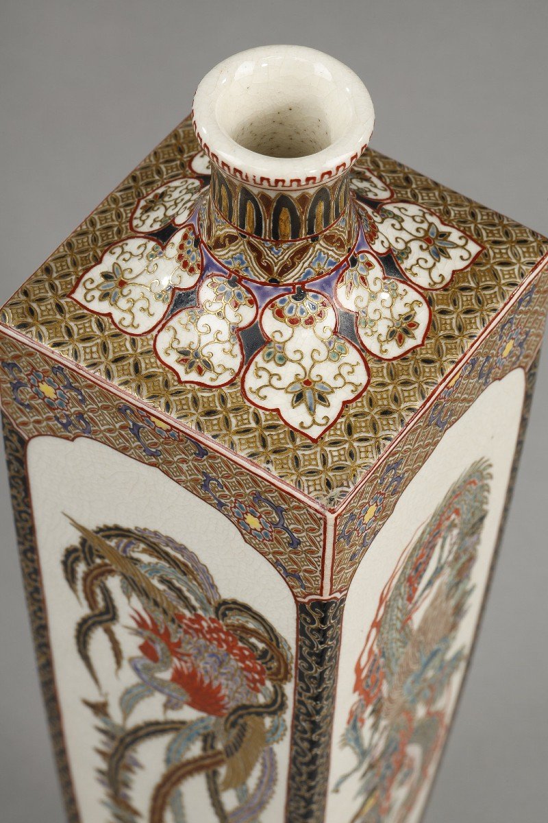 Rare Vase Soliflore De Satsuma Aux Dragons Et Phoenix De La Période Meiji (1868-1912)-photo-7