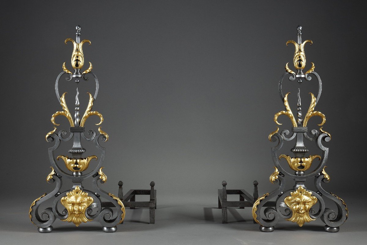 Pair Of Wrought Iron Landiers (andirons) With Foliage Decor, Mask And Volutes-photo-2