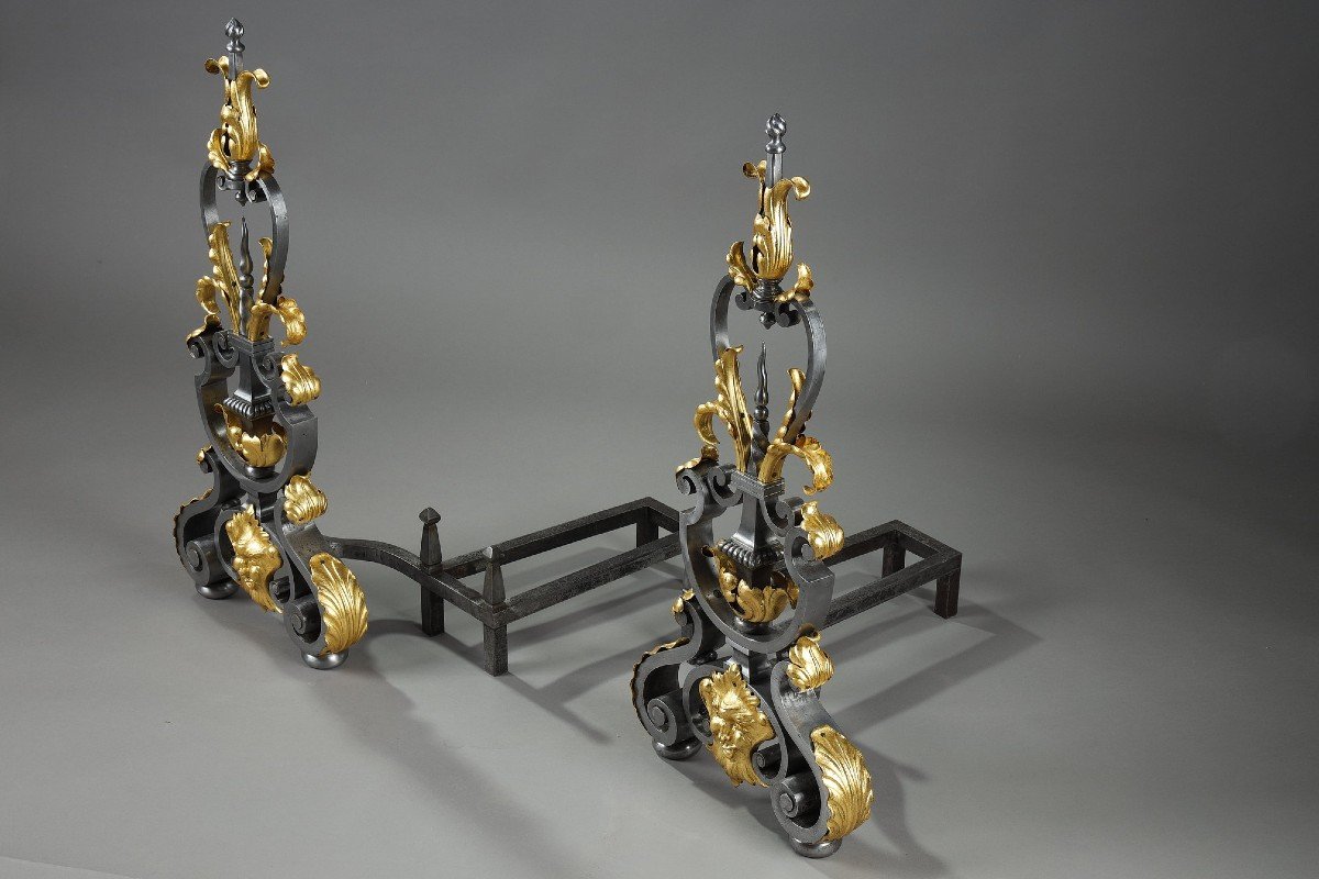 Pair Of Wrought Iron Landiers (andirons) With Foliage Decor, Mask And Volutes-photo-3