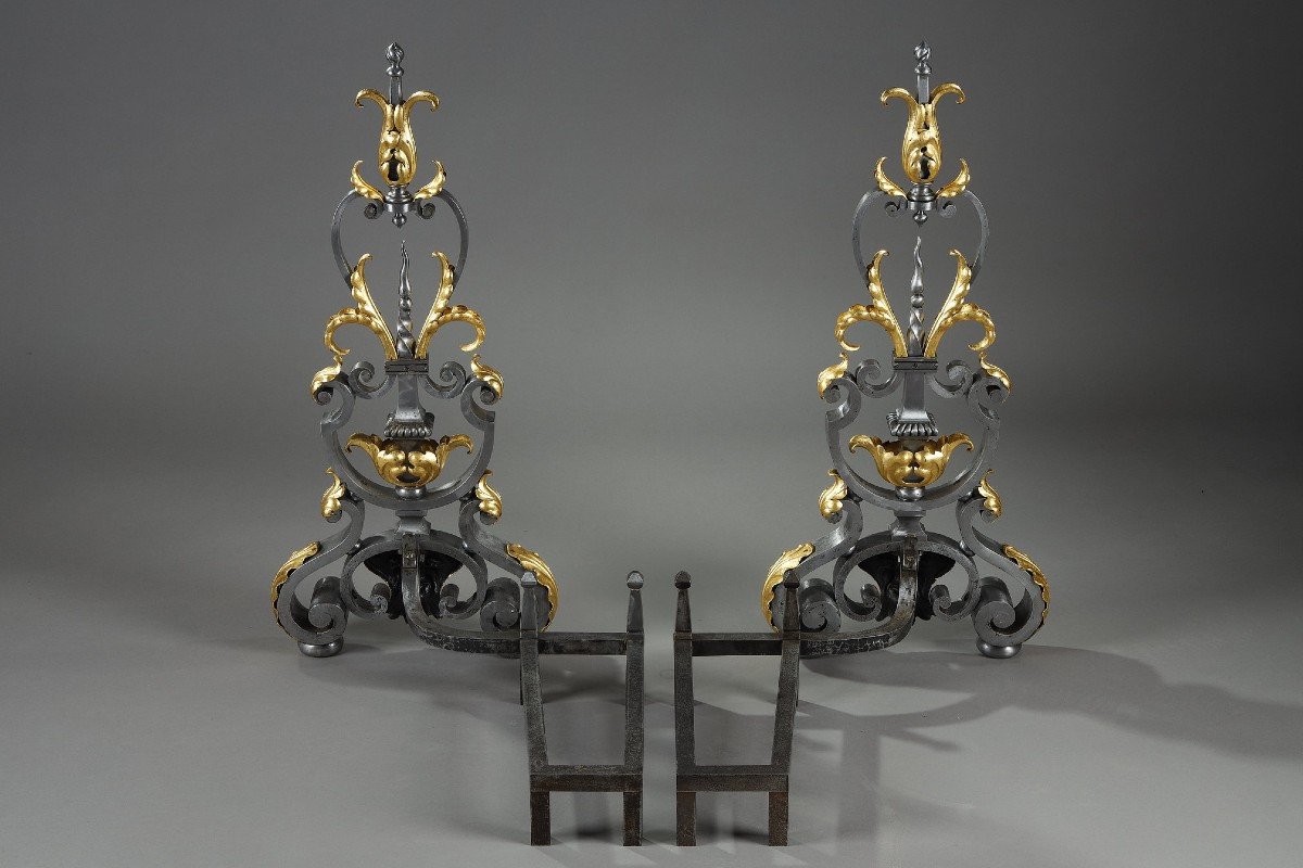 Pair Of Wrought Iron Landiers (andirons) With Foliage Decor, Mask And Volutes-photo-4