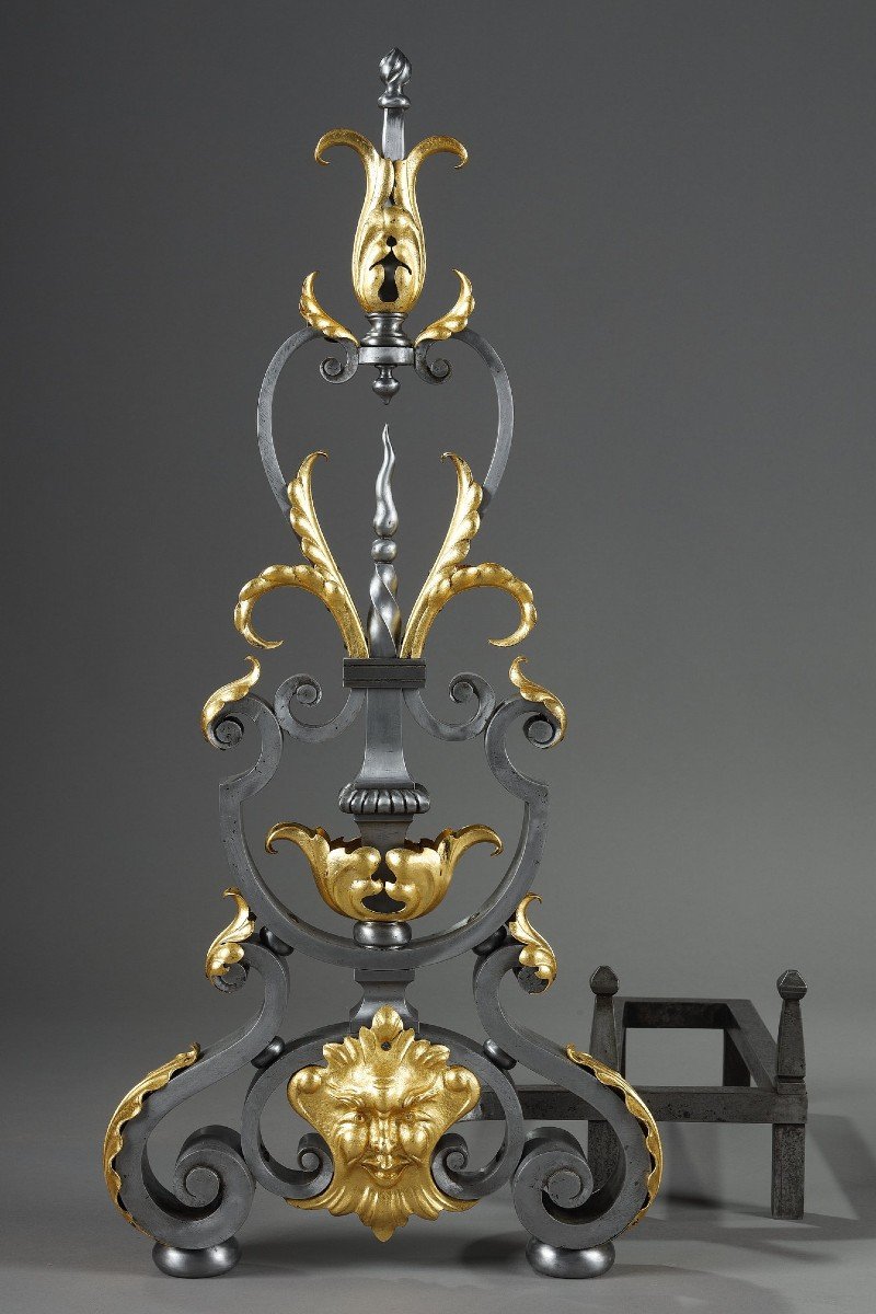 Pair Of Wrought Iron Landiers (andirons) With Foliage Decor, Mask And Volutes-photo-1