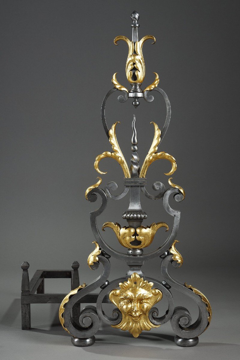 Pair Of Wrought Iron Landiers (andirons) With Foliage Decor, Mask And Volutes-photo-2