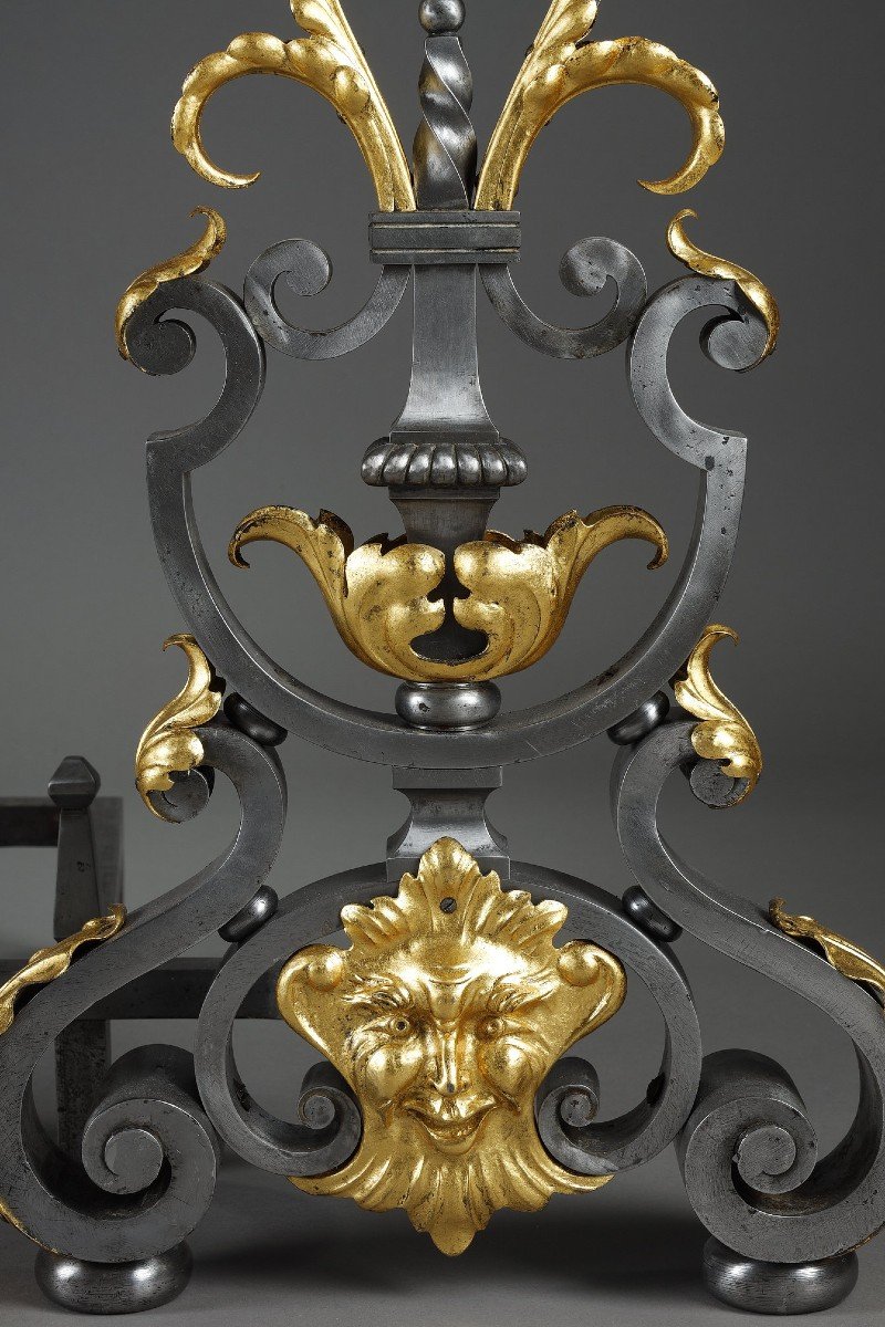Pair Of Wrought Iron Landiers (andirons) With Foliage Decor, Mask And Volutes-photo-7