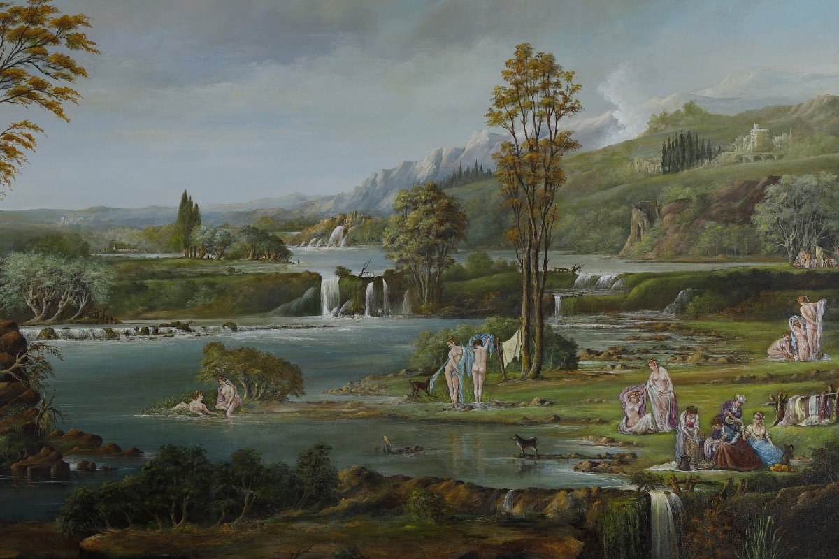 Large Panoramic Canvas With Bathers In The Middle Of A Large Landscape-photo-3