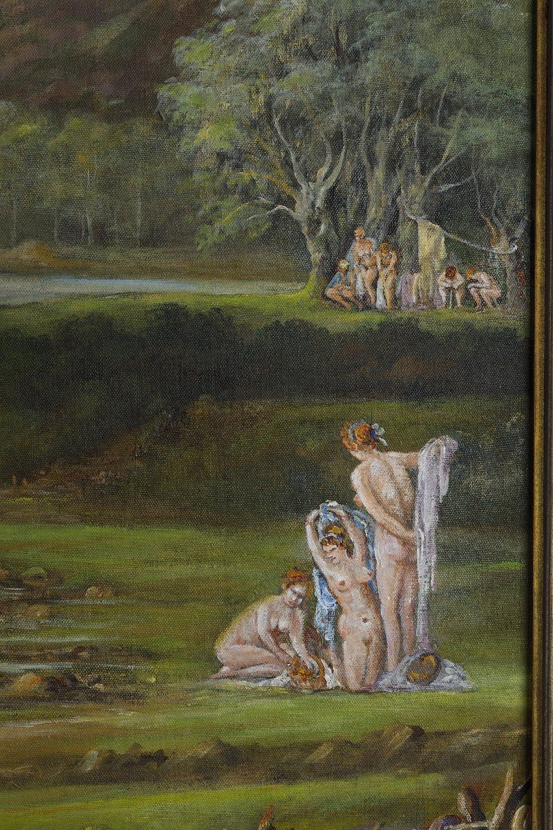 Large Panoramic Canvas With Bathers In The Middle Of A Large Landscape-photo-2