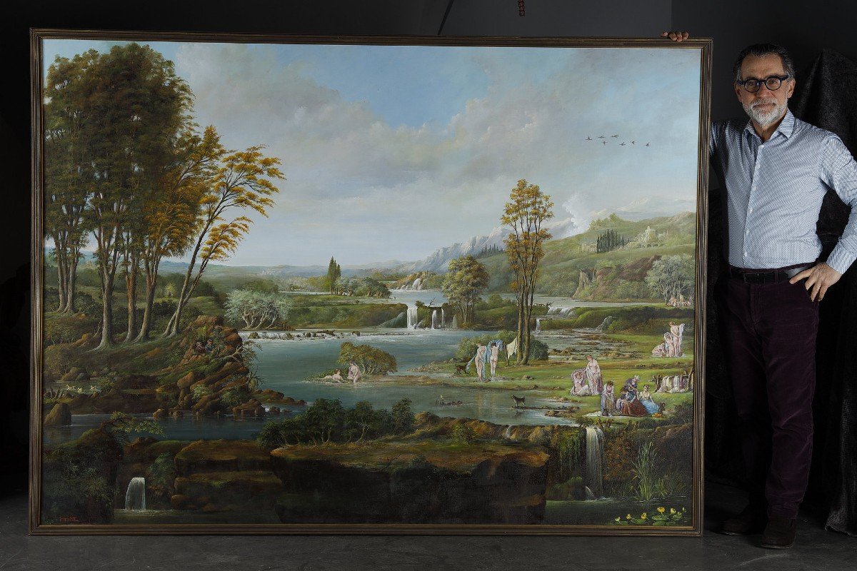 Large Panoramic Canvas With Bathers In The Middle Of A Large Landscape