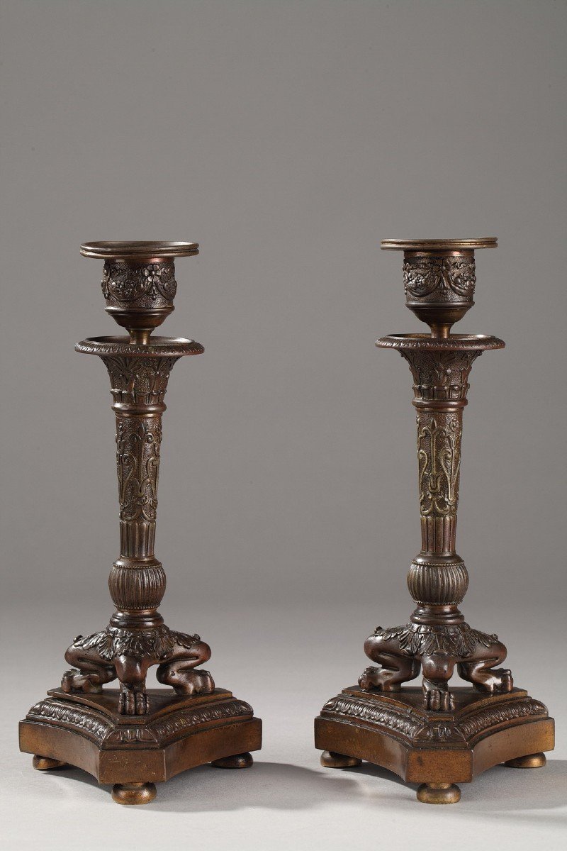 Pair Of Restoration Period Tripod Candlesticks