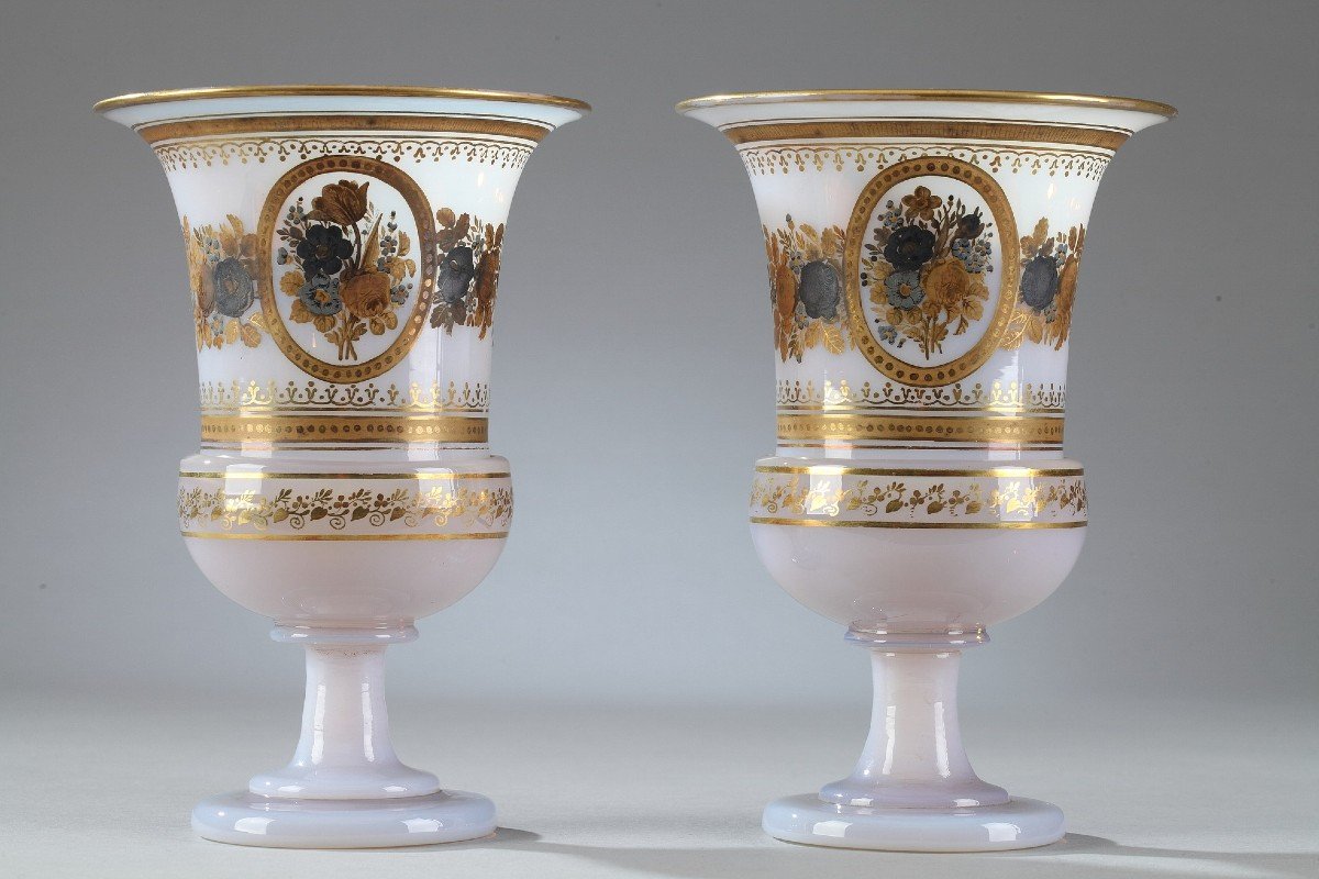 Pair Of Medici Opaline Vases With Desvignes Decor