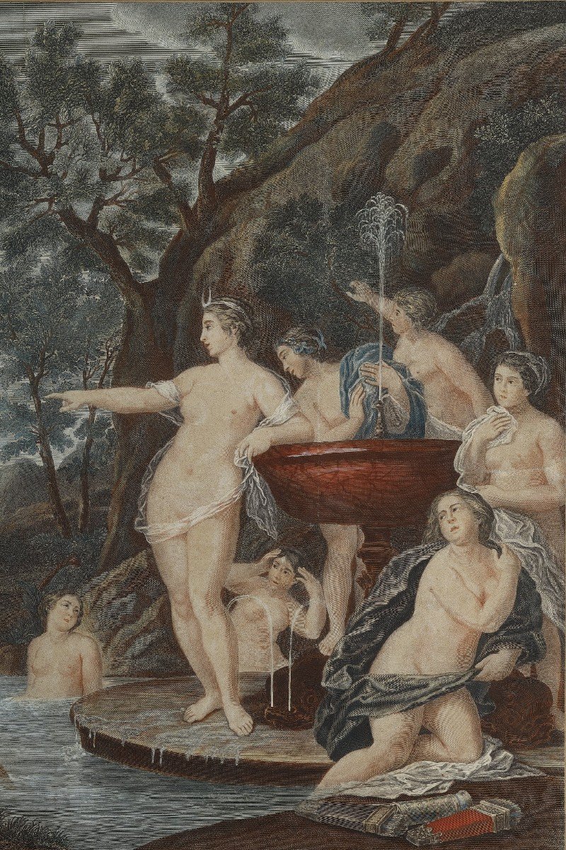 Pair Of Polychrome Engravings From The 18th Century After Francesco Albani-photo-2