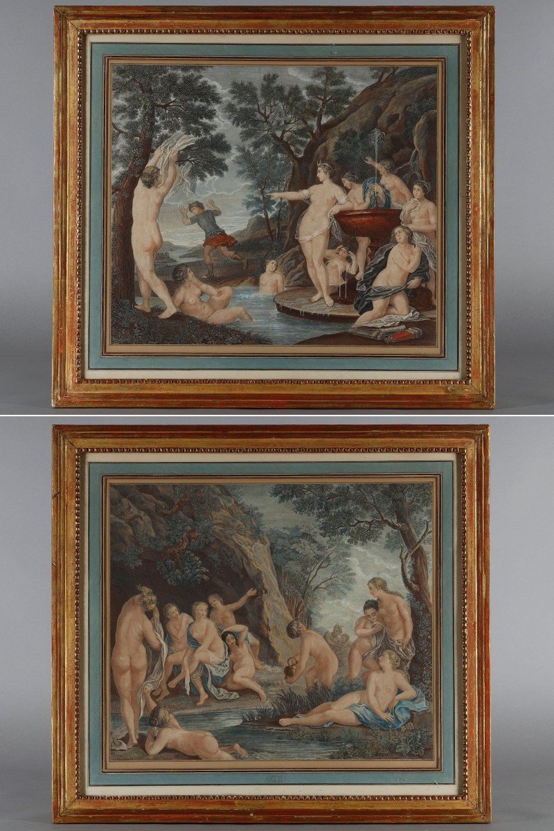 Pair Of Polychrome Engravings From The 18th Century After Francesco Albani