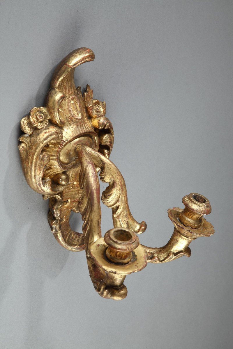 Appliques Anciennes à 2 Lumières En Bois Doré d'époque Louis XV-photo-4