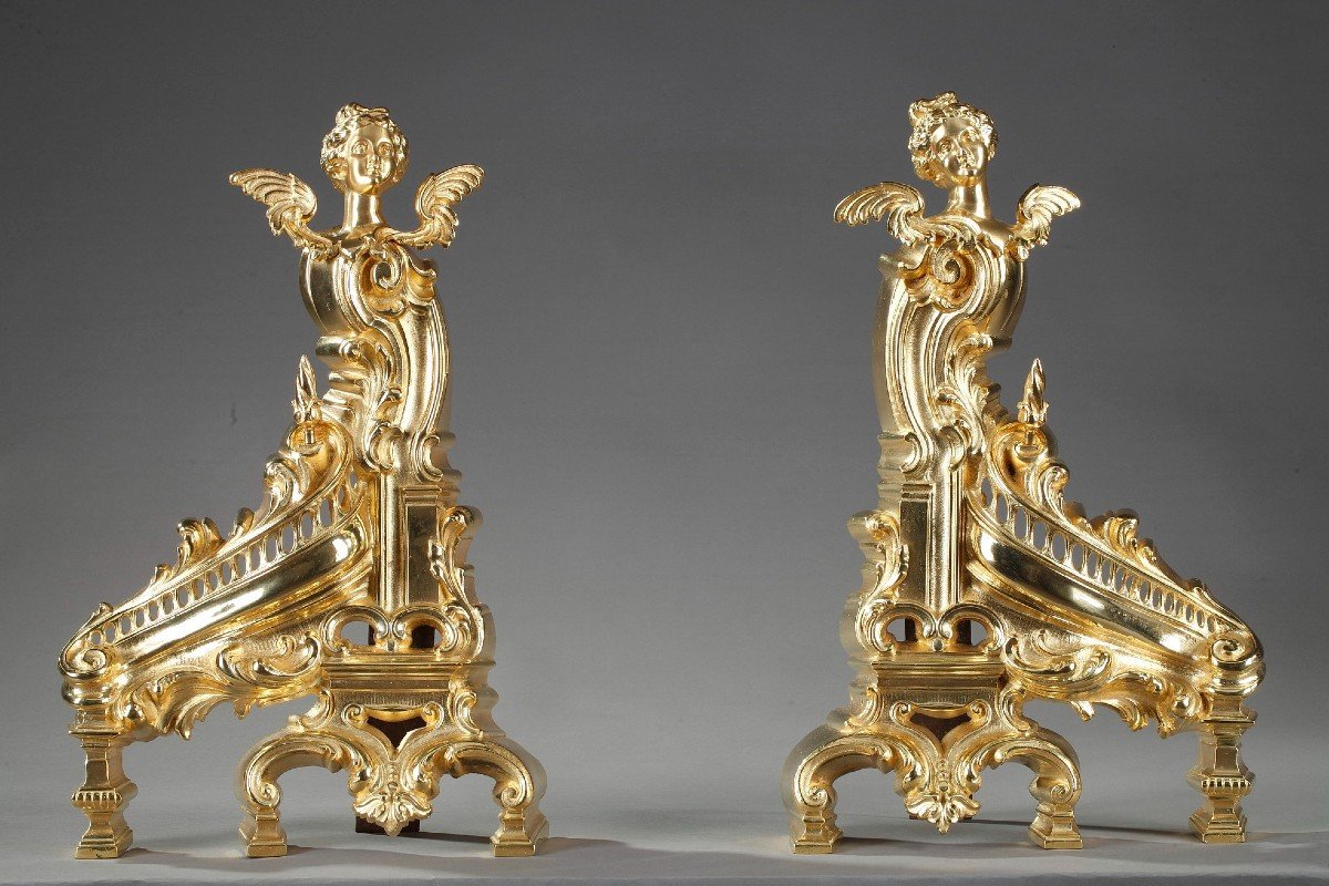Antique Rocaille Style Andirons In Gilt Bronze Decorated With Winged Women-photo-2