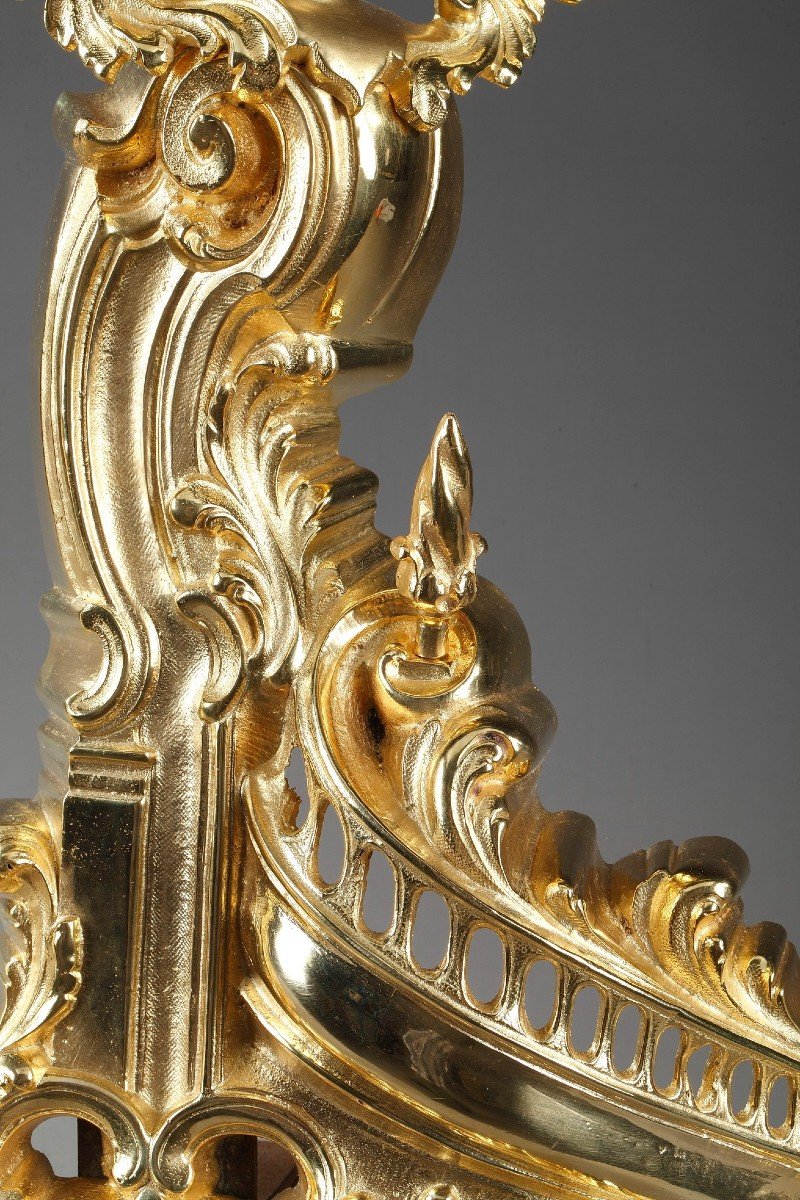 Antique Rocaille Style Andirons In Gilt Bronze Decorated With Winged Women-photo-5
