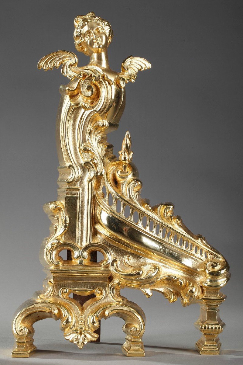 Antique Rocaille Style Andirons In Gilt Bronze Decorated With Winged Women-photo-7