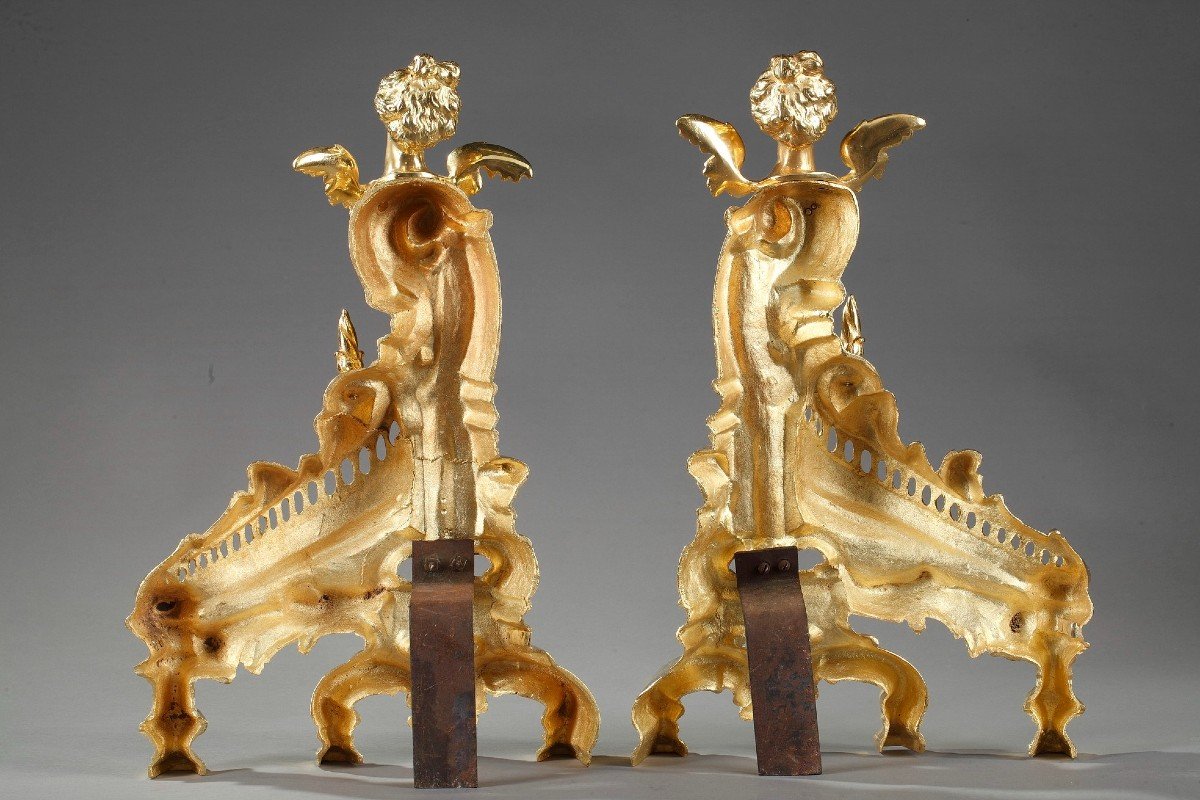 Antique Rocaille Style Andirons In Gilt Bronze Decorated With Winged Women-photo-8