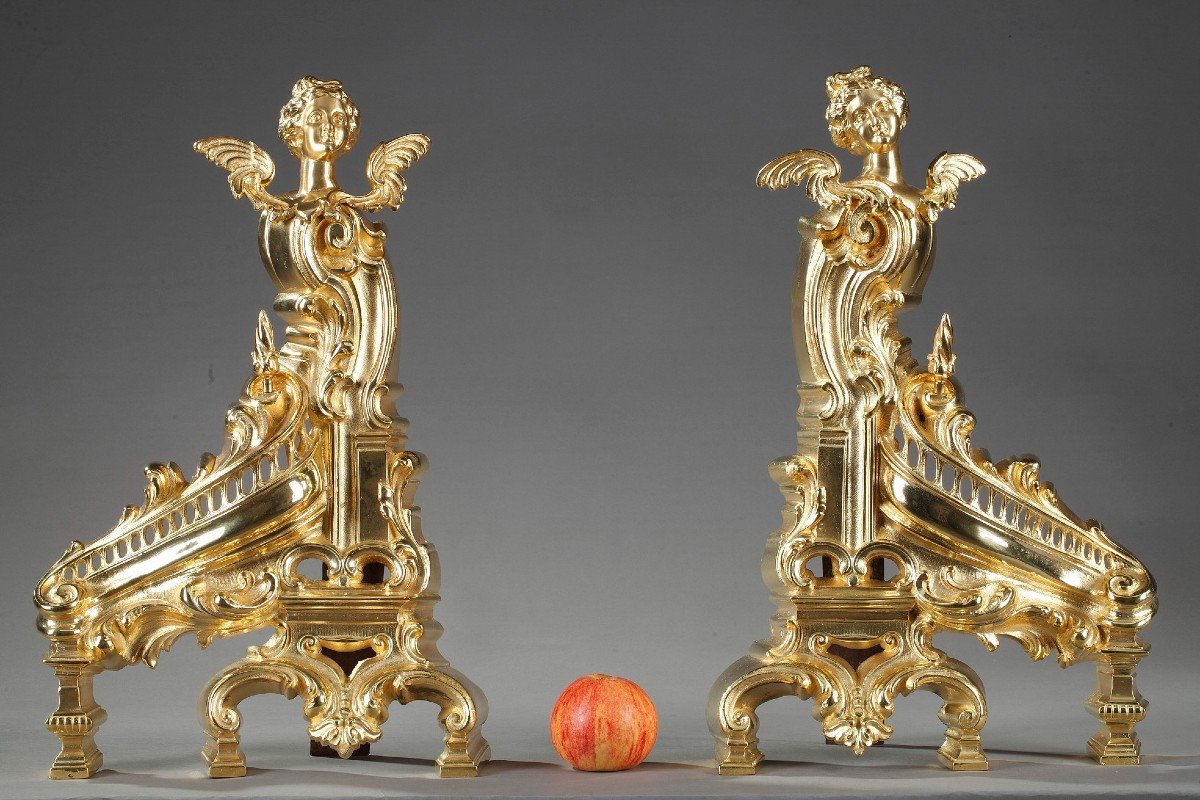 Antique Rocaille Style Andirons In Gilt Bronze Decorated With Winged Women