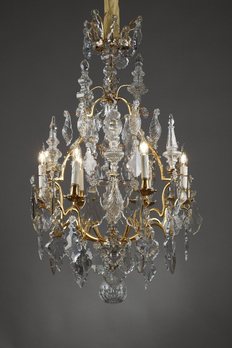 Lustre Cage à Six Lumières, En Bronze Doré, Orné De Pampilles Et Poignards En Cristal Taillé-photo-2
