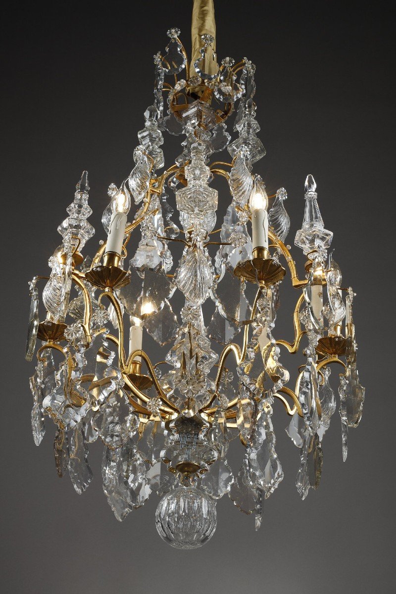 Lustre Cage à Six Lumières, En Bronze Doré, Orné De Pampilles Et Poignards En Cristal Taillé-photo-3