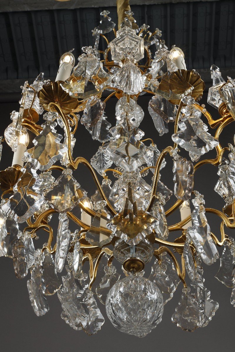 Lustre Cage à Six Lumières, En Bronze Doré, Orné De Pampilles Et Poignards En Cristal Taillé-photo-4
