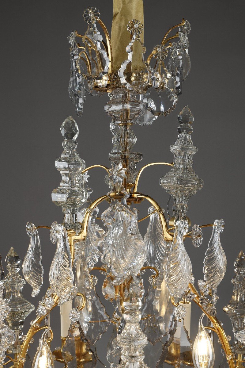Lustre Cage à Six Lumières, En Bronze Doré, Orné De Pampilles Et Poignards En Cristal Taillé-photo-3