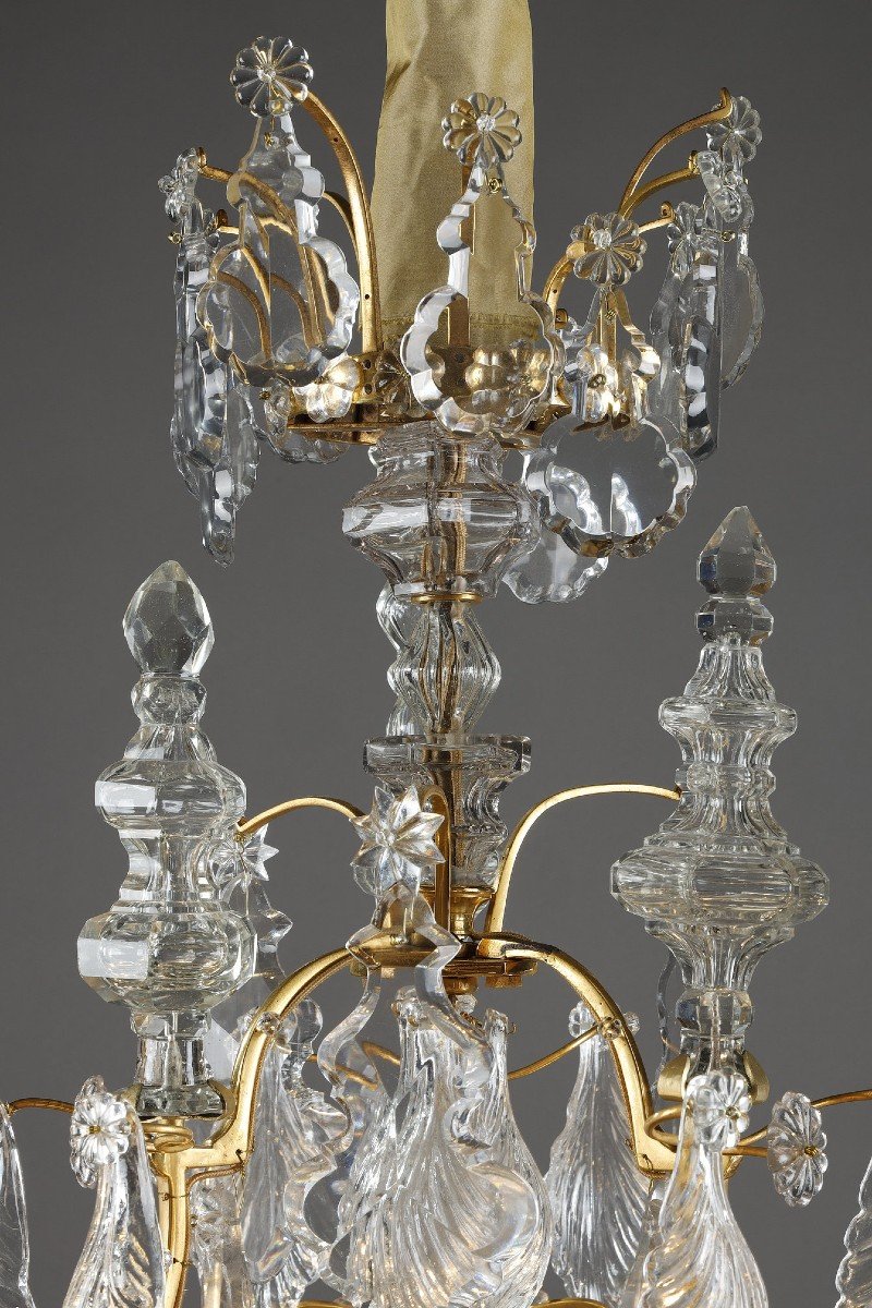 Lustre Cage à Six Lumières, En Bronze Doré, Orné De Pampilles Et Poignards En Cristal Taillé-photo-4